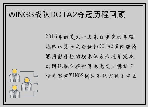 WINGS战队DOTA2夺冠历程回顾