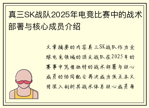 真三SK战队2025年电竞比赛中的战术部署与核心成员介绍