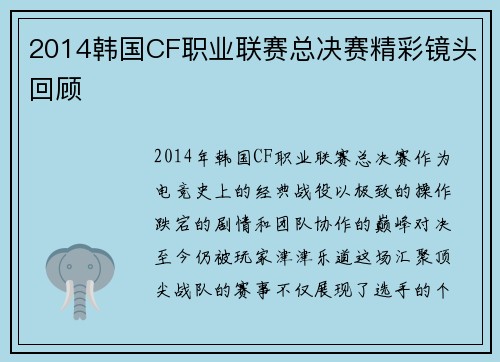 2014韩国CF职业联赛总决赛精彩镜头回顾